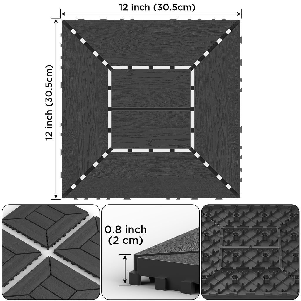 Chic Crate 44 Pack 12'' Interlocking Plastic Deck Tiles – Dark Gray, Waterproof