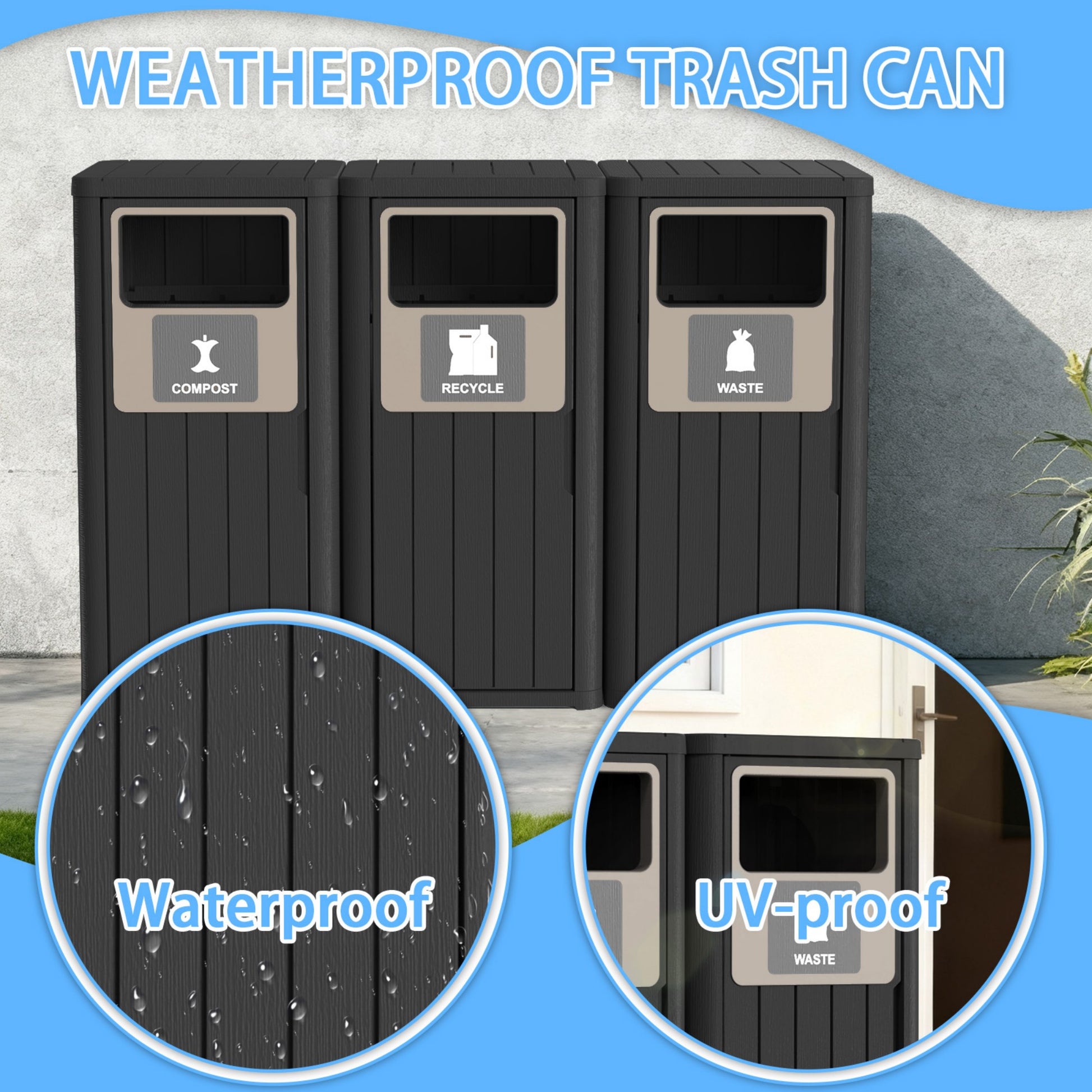 63 Gallon Outdoor Trash Bin, Resin Manual Lift Garbage & Recycling Storage Deck Box with Lid Triple-Bucket