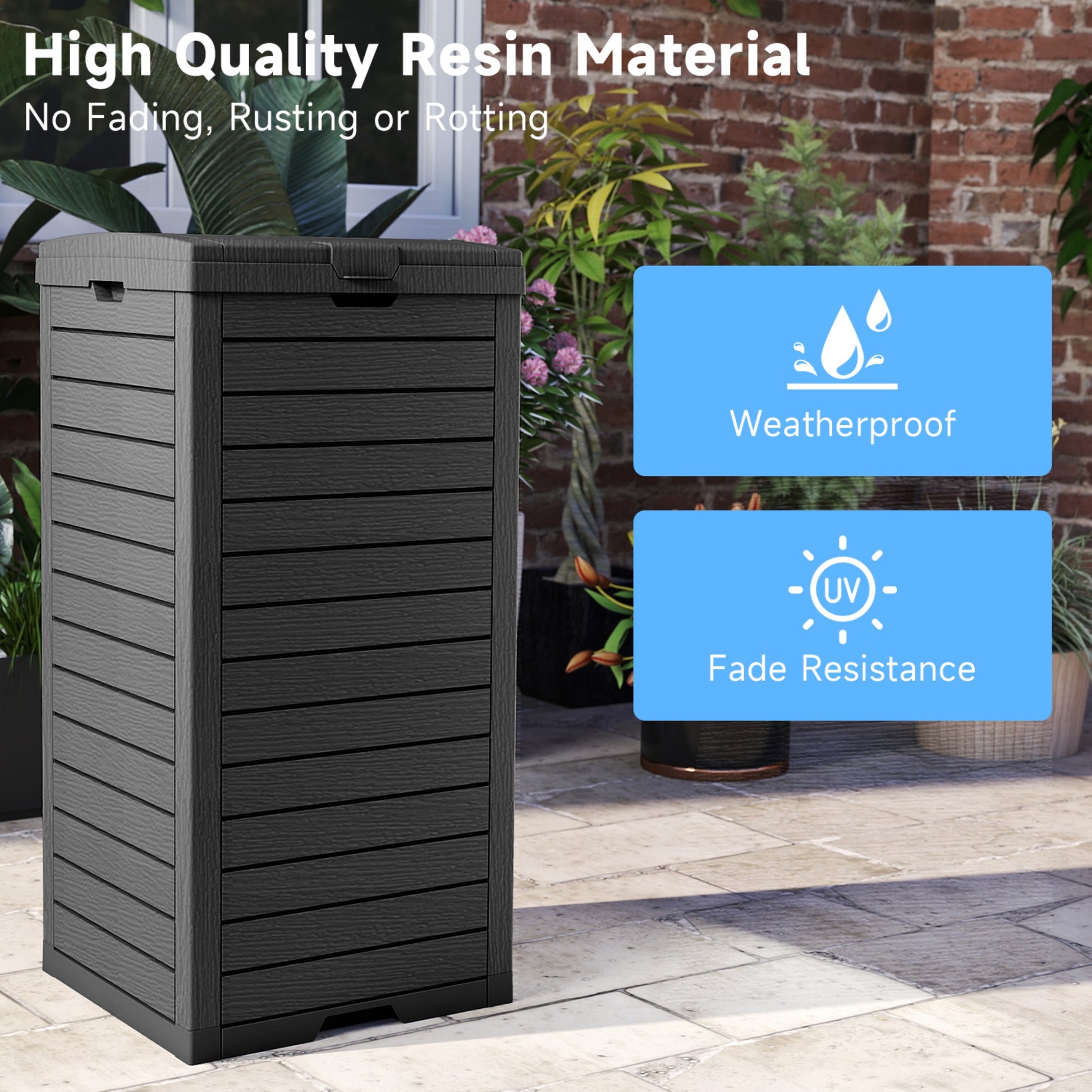 Outdoor Trash Bin, Resin Manual Lift Garbage & Recycling Storage Deck Box with Lid