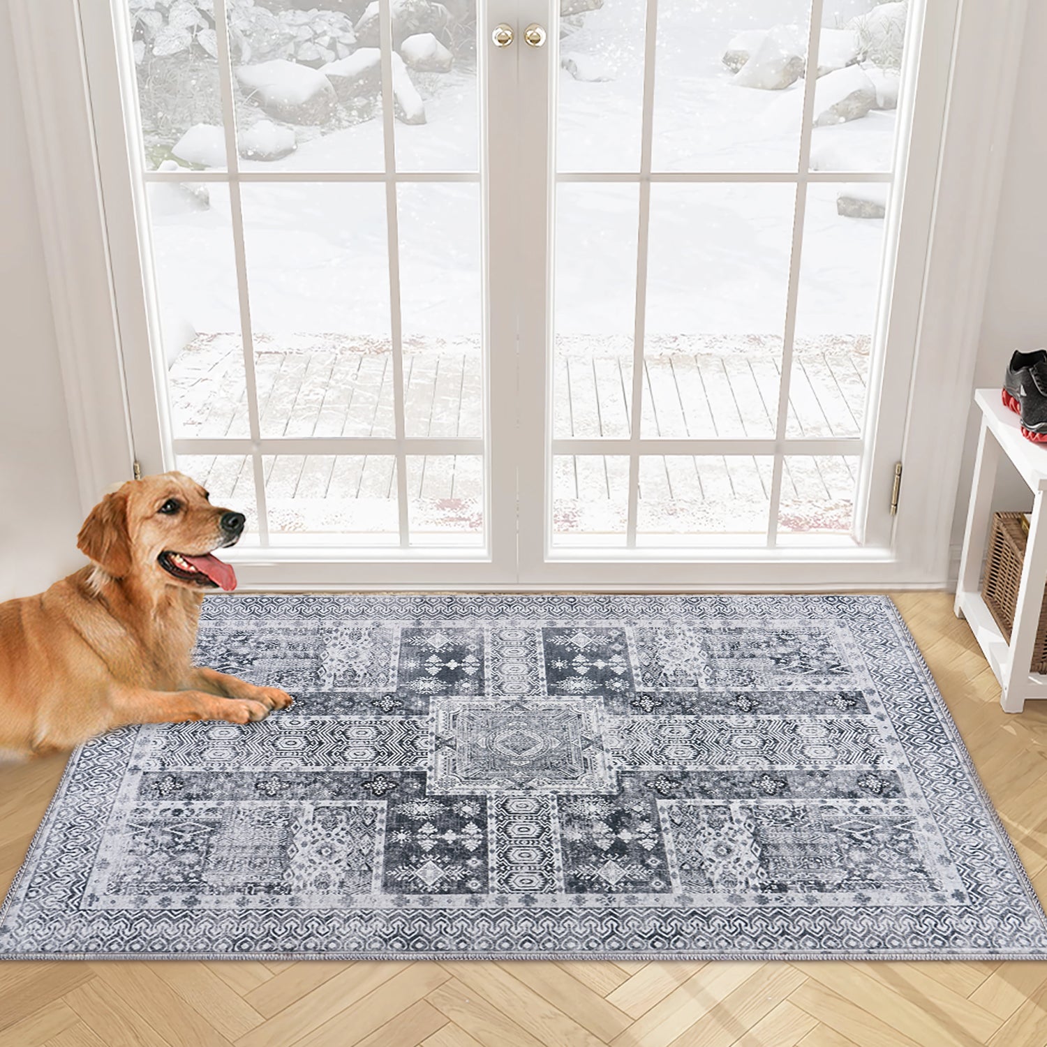 5x7ft Washable Vintage Area Rug, Thin Foldable Non-Slip Distressed Floral Carpet for Bedroom Living Room Bathroom