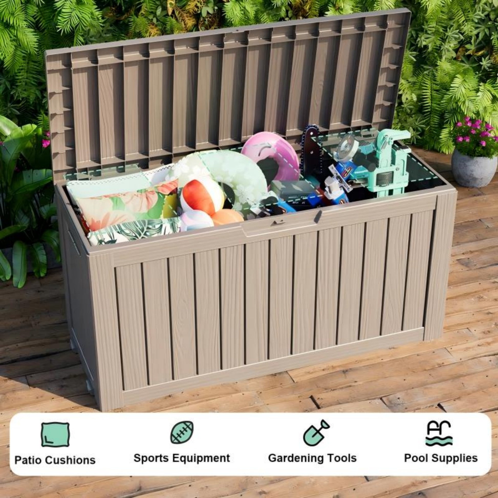 75 Gallon Outdoor Deck Box, Water-Resistant Resin Storage Box with Lockable Lid for Patio