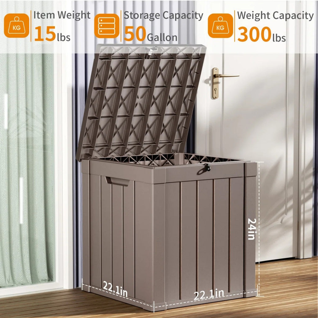 50 Gallon Outdoor Deck Box, Water-Resistant Resin Storage Box with Lockable Lid for Patio