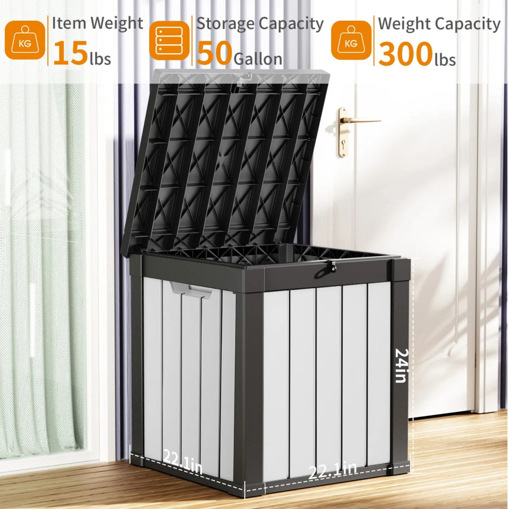 50 Gallon Outdoor Deck Box, Water-Resistant Resin Storage Box with Lockable Lid for Patio