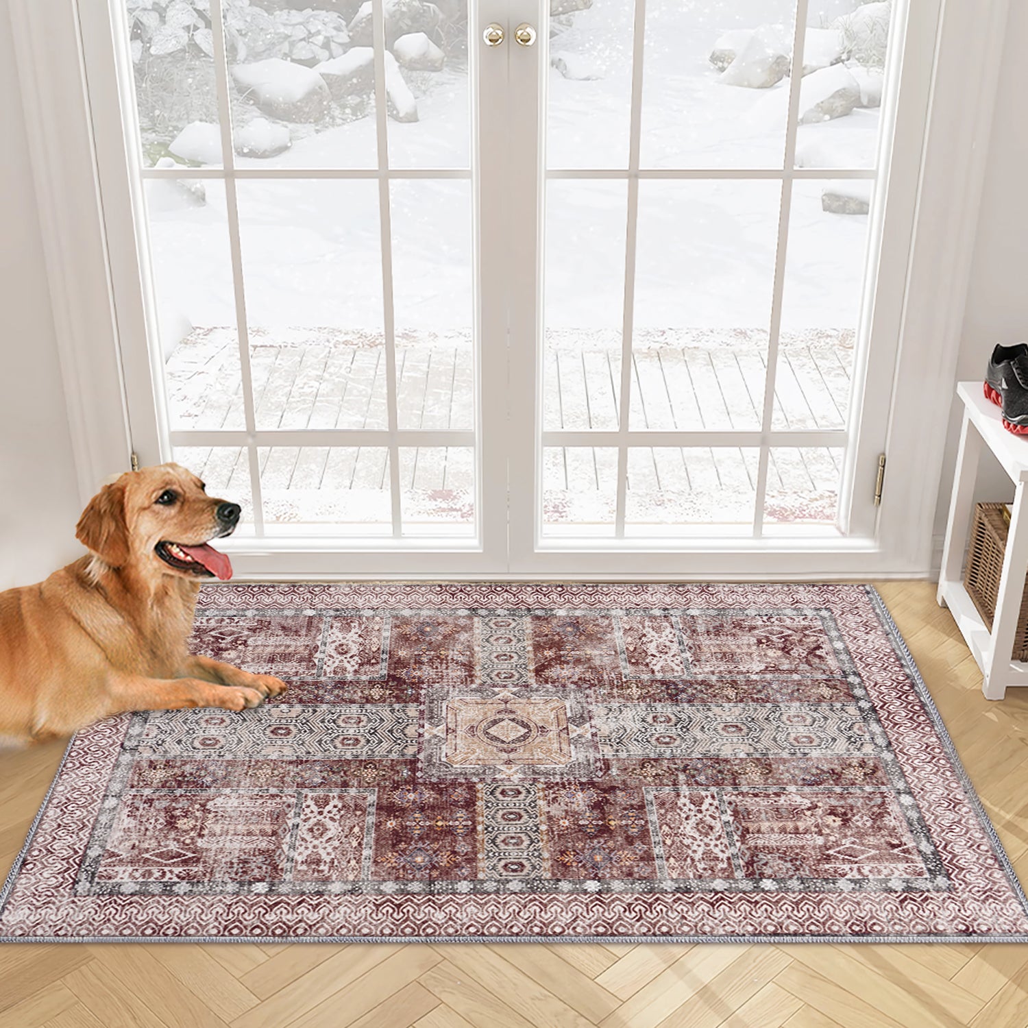 5x7ft Washable Vintage Area Rug, Thin Foldable Non-Slip Distressed Floral Carpet for Bedroom Living Room Bathroom