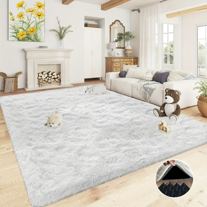 White Shaggy Area Rug with 4 Reusable Stickers, Super Soft Fluffy Non-Slip Carpet for Living Room