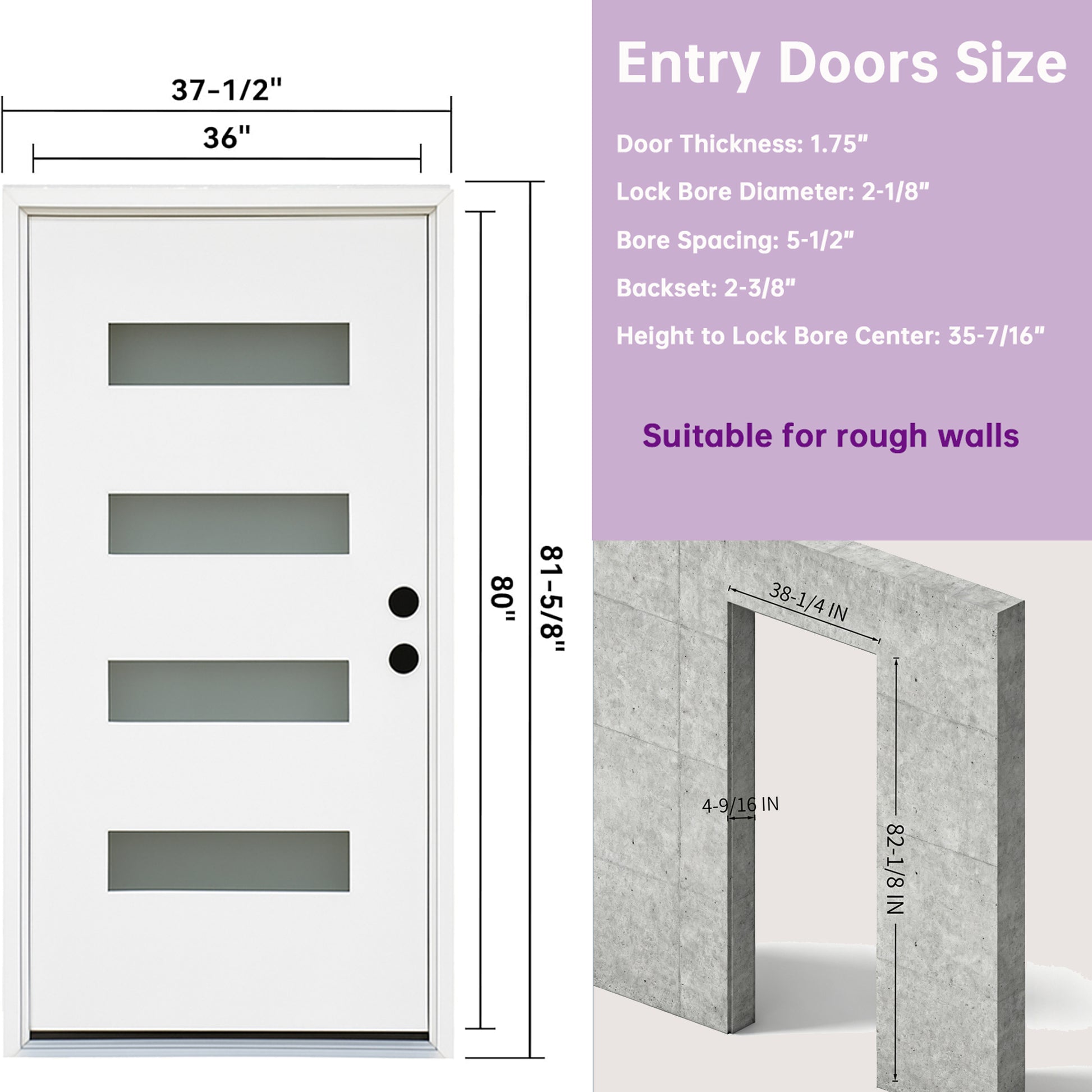 Chic Crate 36x80 Fiberglass Entry Door with Frosted Glass, Left Hand Inswing, Brickmould & Vinyl Frame