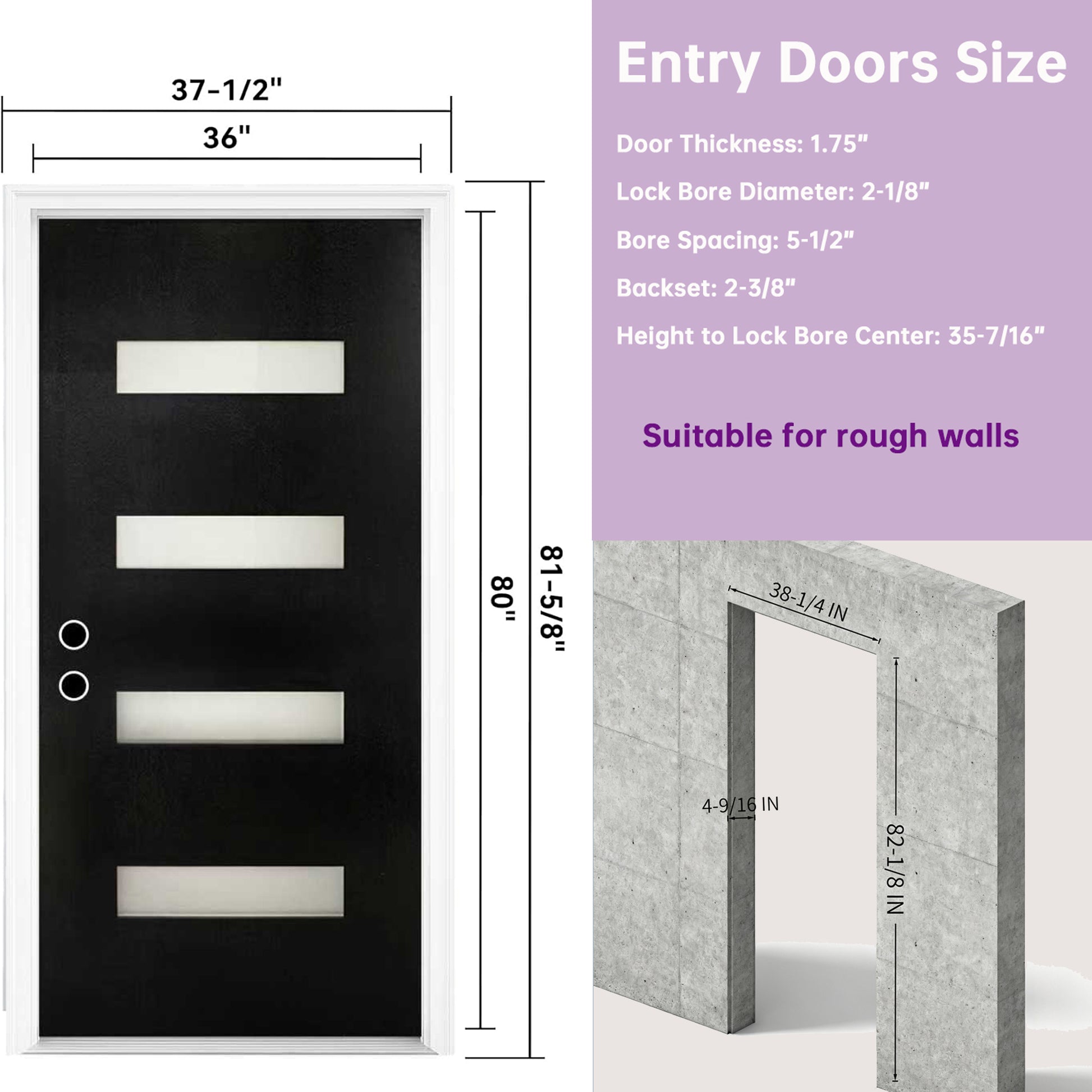 Chic Crate 36x80 Fiberglass Entry Door with Frosted Glass, Left Hand Inswing, Brickmould & Vinyl Frame