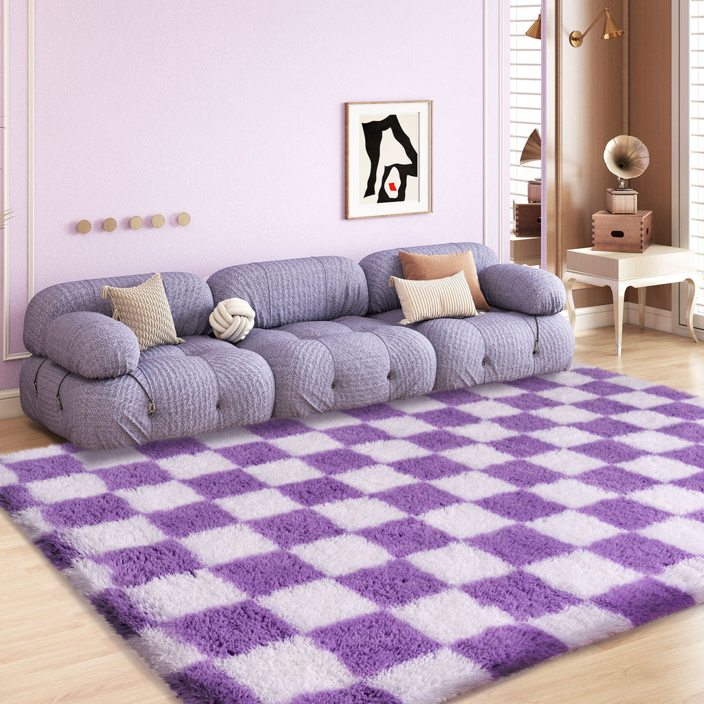 5x7 Feet Checkered Area Rugs For Living Room, Black Modern Super Soft Fluffy Rugs for Bedroom Home Aesthetic Decor
