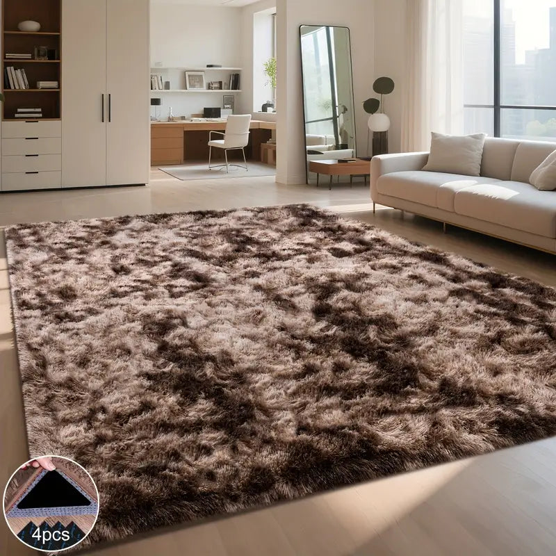 Brown Tie-Dye Shag Rug, Soft Plush Carpet with 4 Non-Slip Pads, Multiple Sizes for Bedroom or Living Room