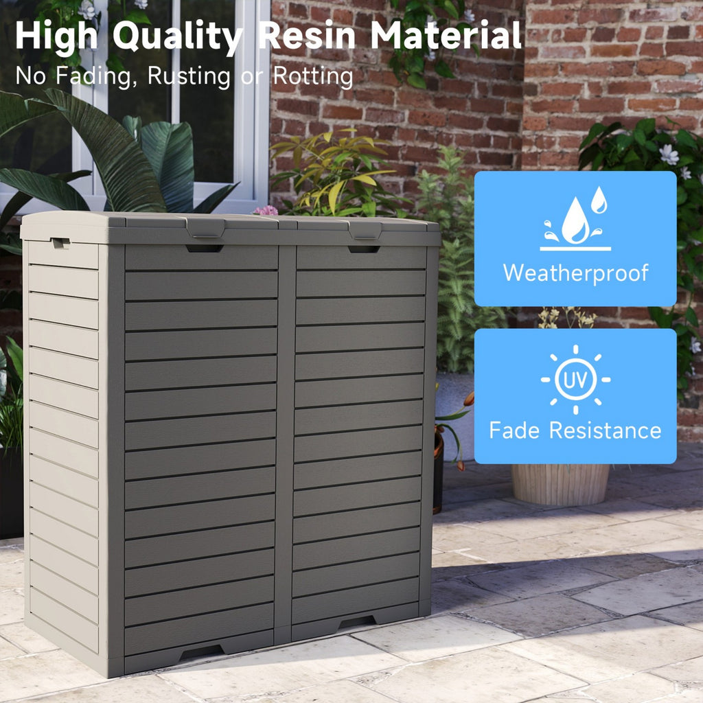 62 Gallon Outdoor Trash Bin, Resin Manual Lift Garbage & Recycling Storage Deck Box with Double-Bucket