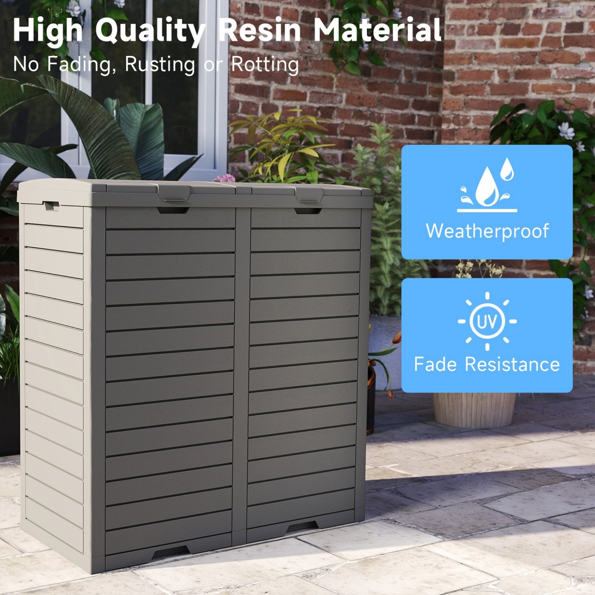 62 Gallon Outdoor Trash Bin, Resin Manual Lift Garbage & Recycling Storage Deck Box with Double-Bucket