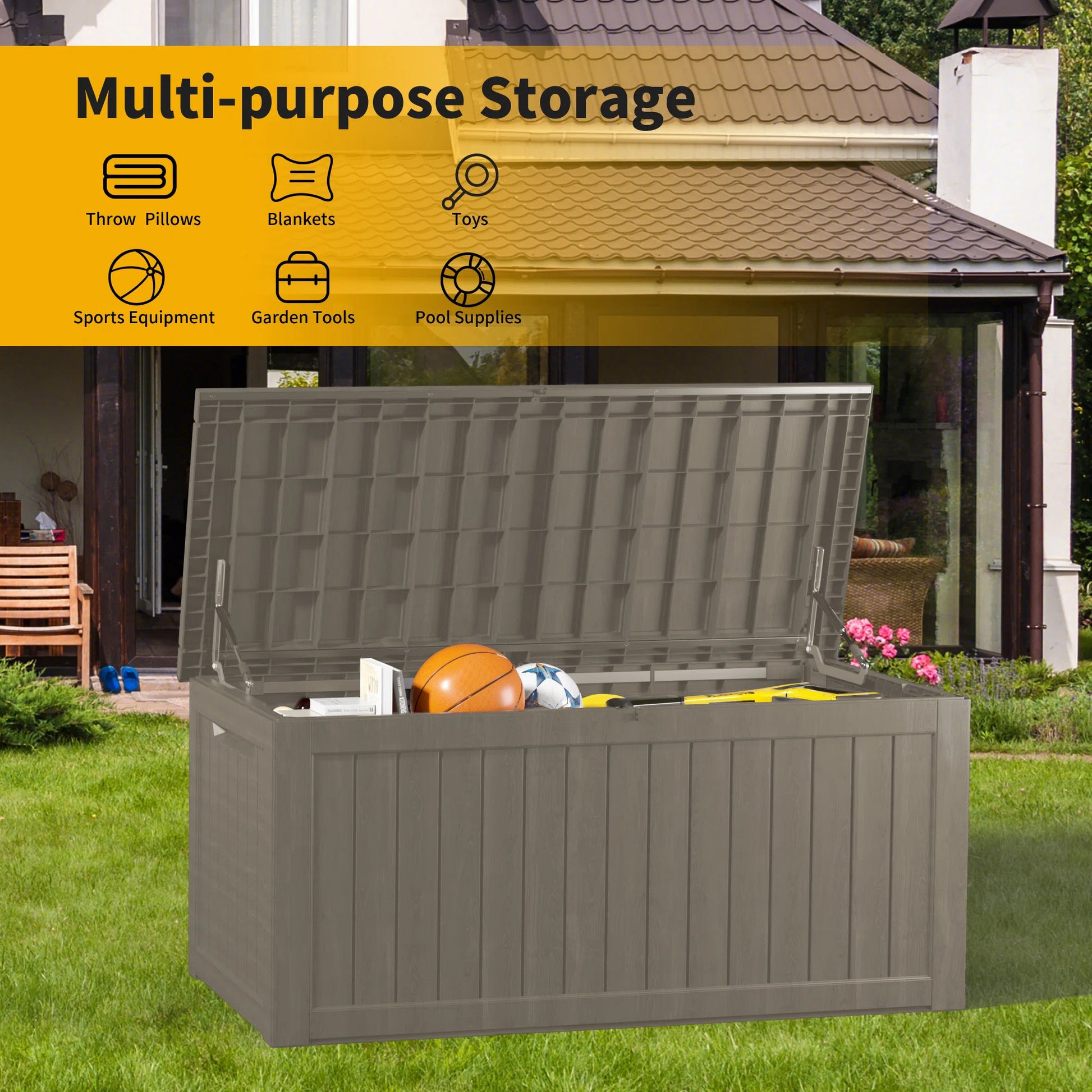 230 Gallon Resin Deck Box, Water-Resistant Lockable Outdoor Storage Box for Patio Organization