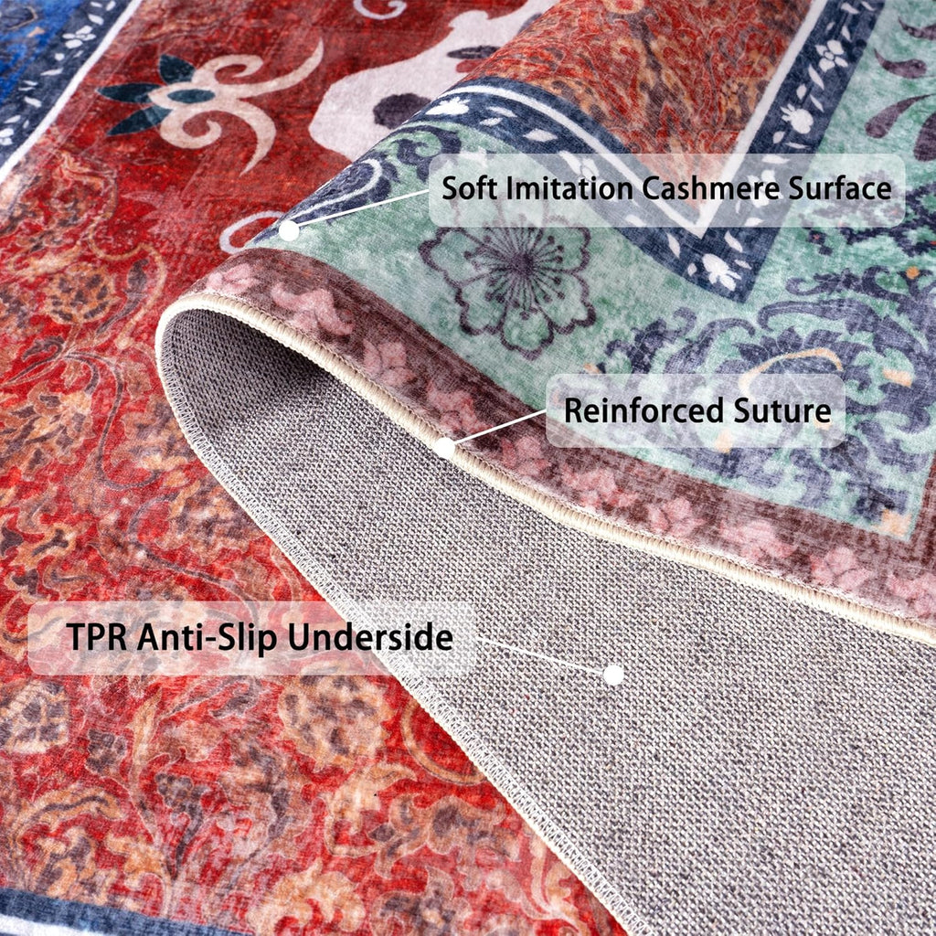 Washable Traditional Area Rug, Thin Foldable Distressed Floral Non-Slip Carpet for Bedroom Living Room Kitchen