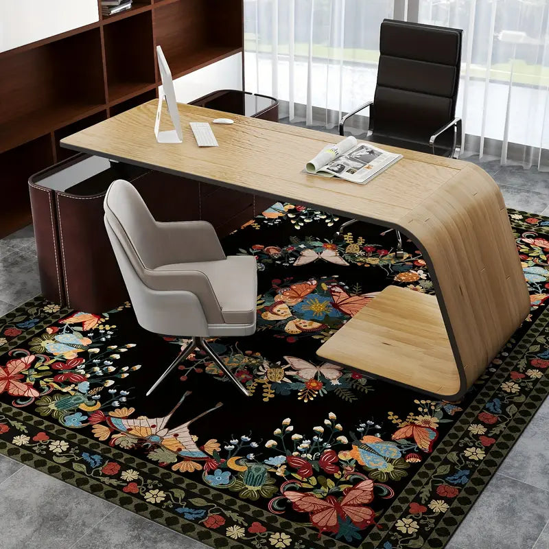 Black Butterfly Floral Washable Area Rug, Low Pile Non-Slip Indoor Carpet for Living Room & Bedroom
