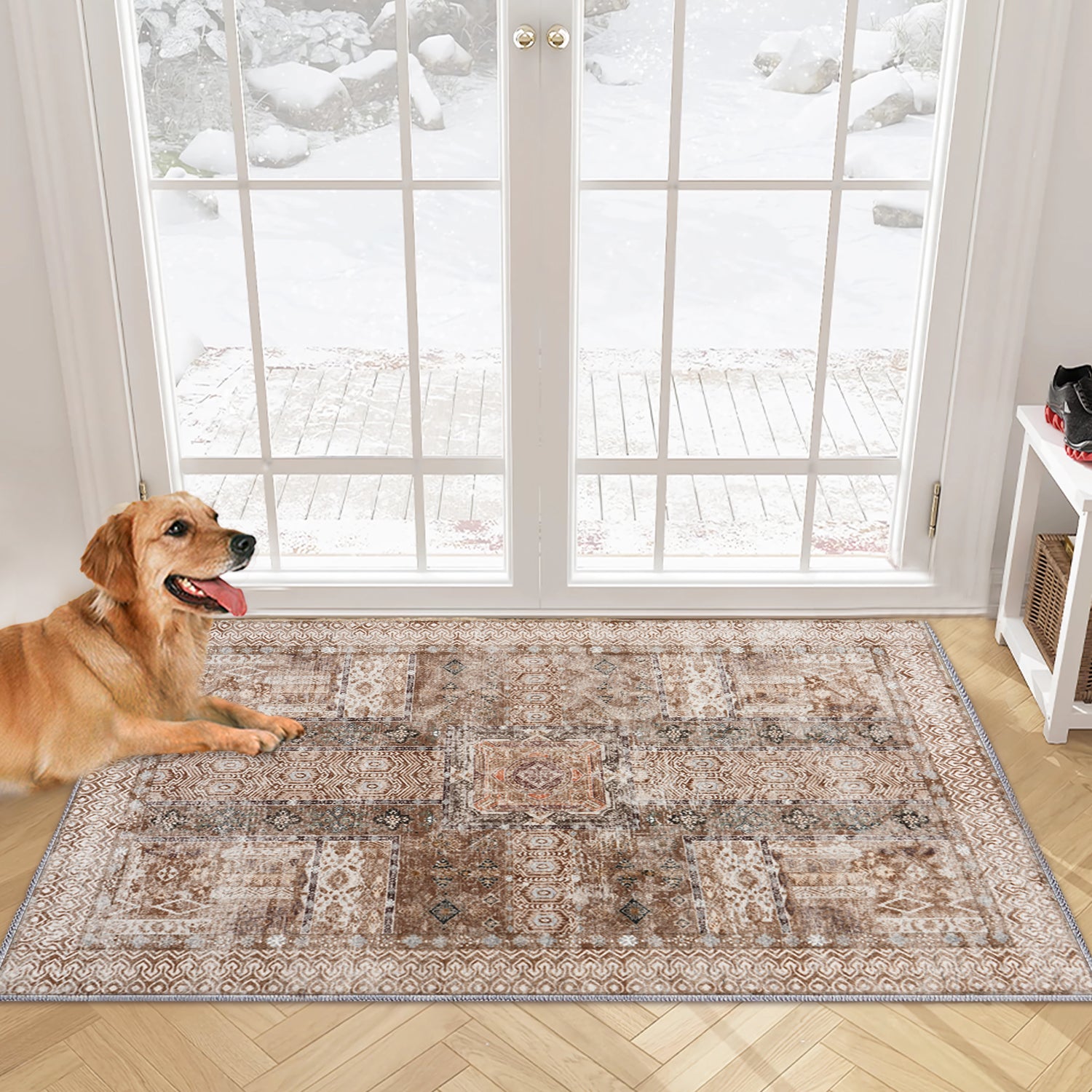 5x7ft Washable Vintage Area Rug, Thin Foldable Non-Slip Distressed Floral Carpet for Bedroom Living Room Bathroom