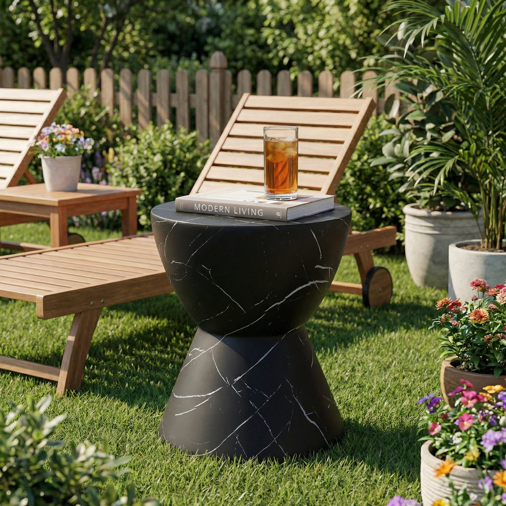 Outdoor Lightweight Concrete MGO Side Table, Marble Finish, Living Room Accent Table for Patio & Home - Black