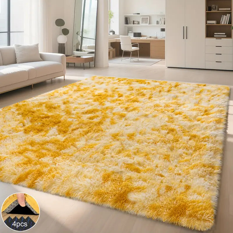 Tie-Dyed Yellow Area Rug with 4 Reusable Stickers, Soft Shaggy Non-Slip Mat for Home Decor