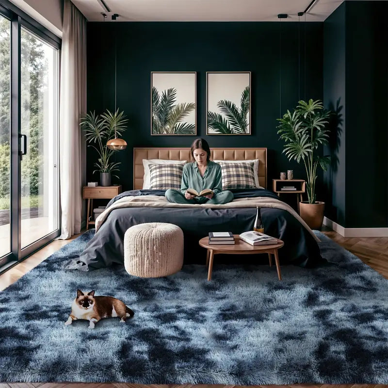 Tie-Dyed Blue Gray Shag Rug, Ultra Soft 1.7" Thick, Non-Slip Backing, 100% Polyester, Multi Sizes