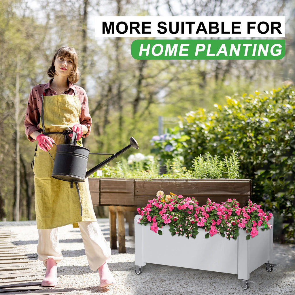 Raised Garden Bed with Wheels, Weatherproof Resin Planter Box with Drain Hole & Water Level for Vegetables