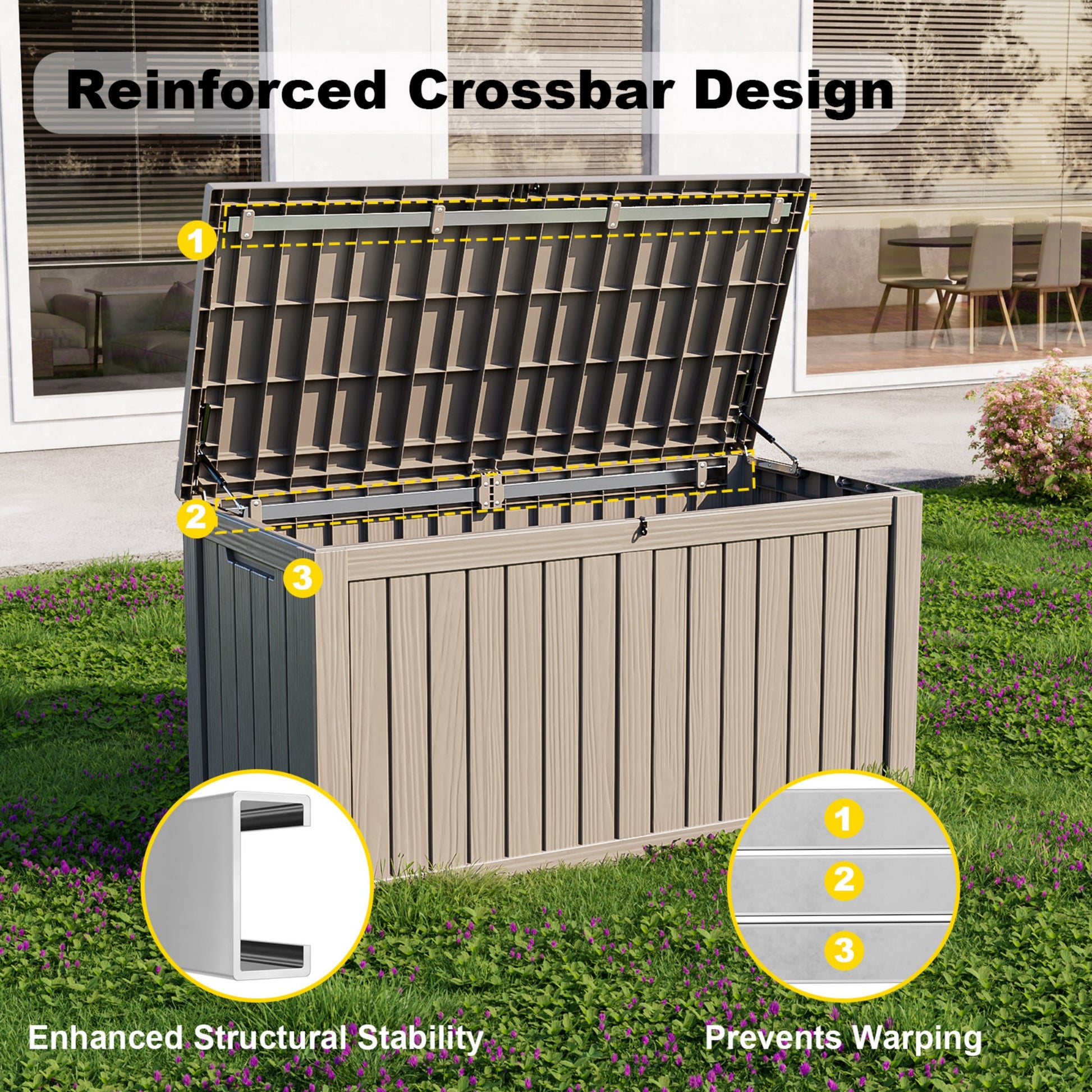 150 Gallon Resin Deck Box, Water-Resistant Lockable Outdoor Storage Box for Patio Organization