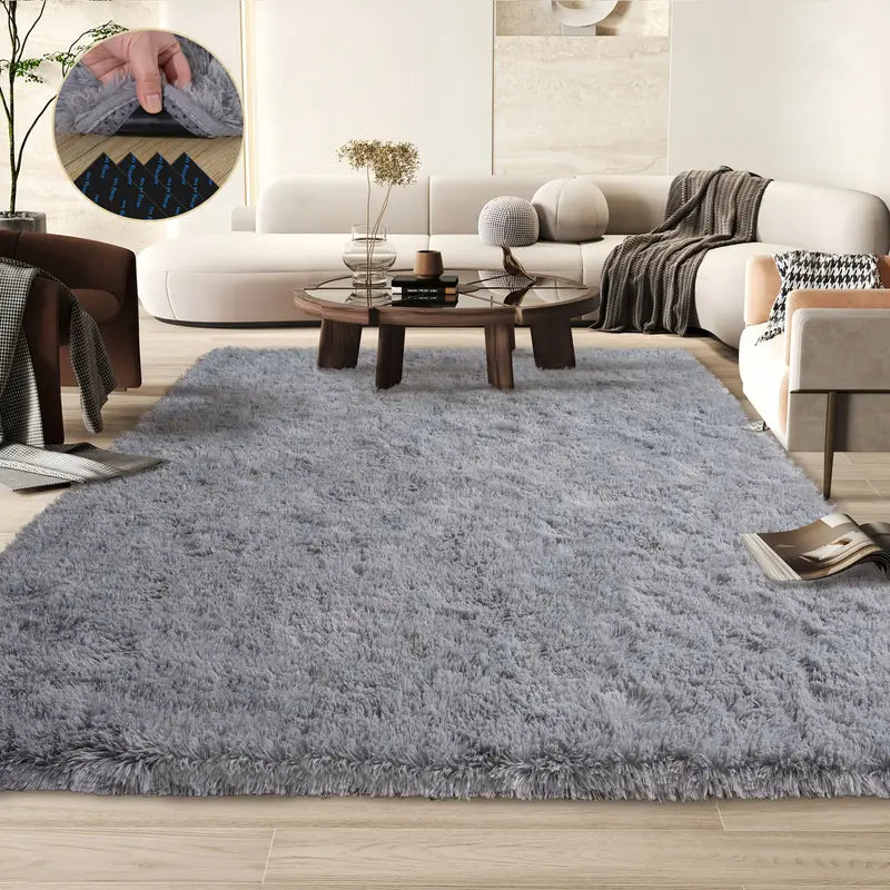 Gray Shag Area Rug, Ultra Soft 1.7" Plush, Non-Slip with Adhesive Pads, for Bedroom or Living Room
