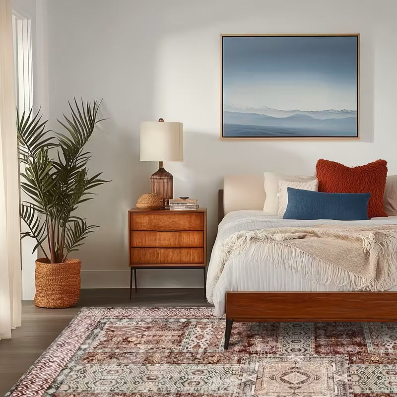 Vintage Floral Washable Area Rug, Non-Slip Low Pile Polyester Carpet for Living Room & Bedroom