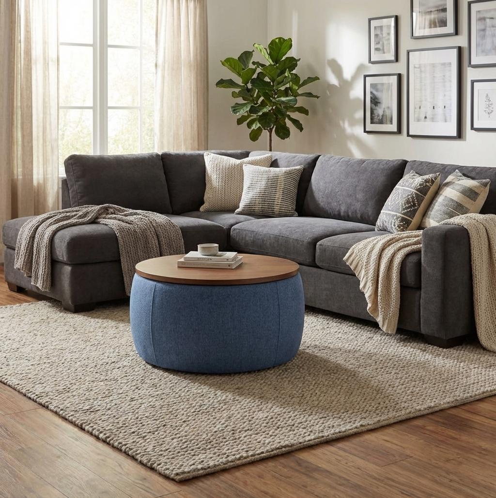 Round Storage Table, 2-in-1 Multi-Function as End Table & Ottoman, 25.5"x25.5"x14.5", Modern End Table for Living Room & Bedroom Office Navy Blue