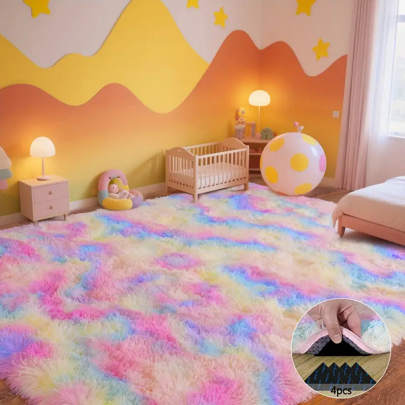 Rainbow Tie-Dye Fluffy Area Rug with Non-Slip Base & 4 Reusable Stickers, Plush Indoor Mat