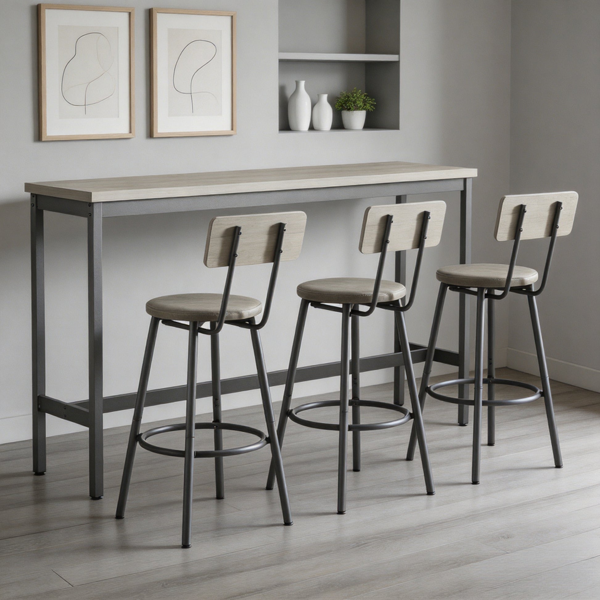 Industrial Bar Table Set with 3 PU Stools, Long Upholstered Bar Chairs Set for Kitchen