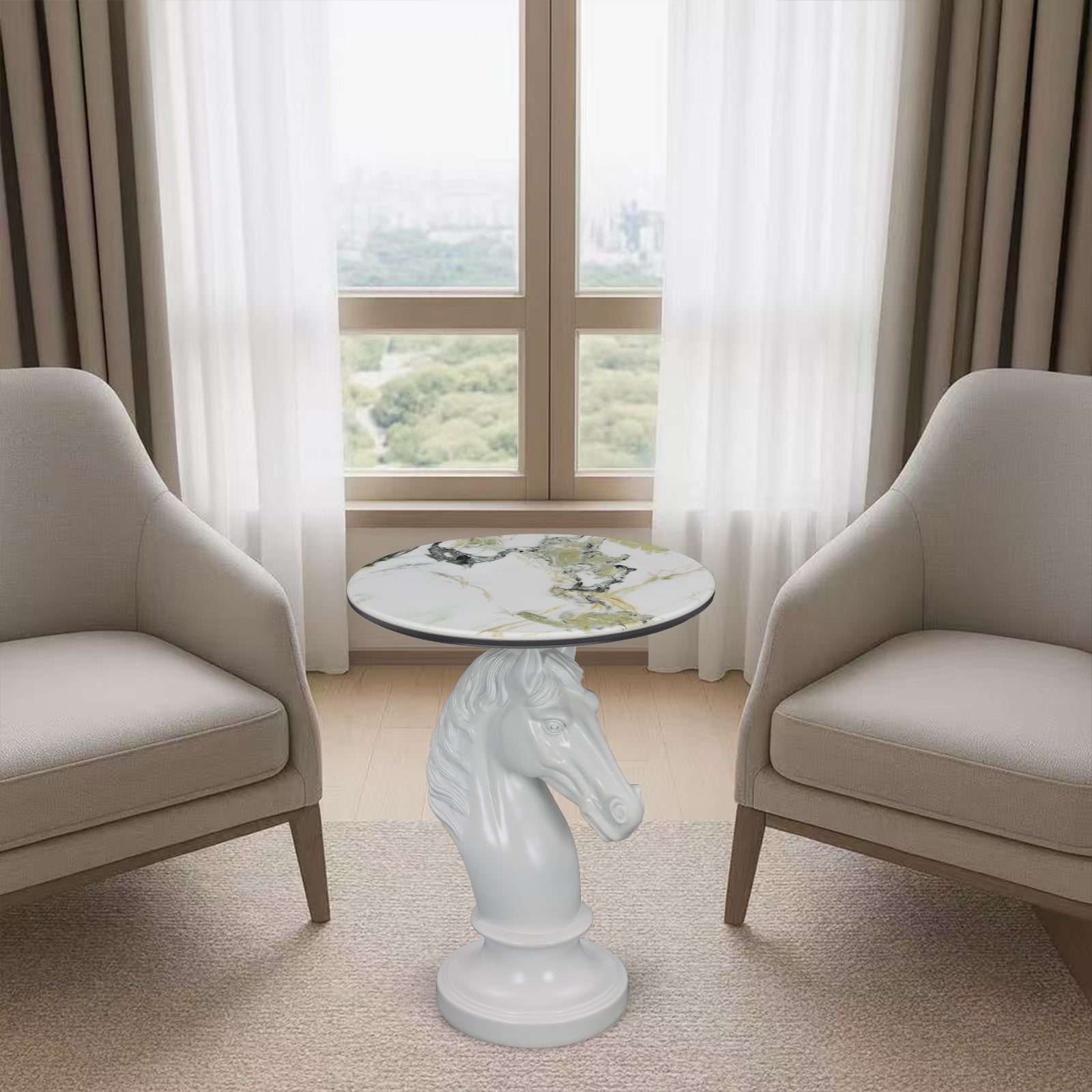 White Horse Head Accent Table, Animal Statue End Table for Living Room