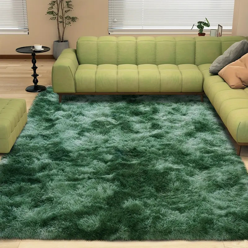 Tie-Dyed Green Fluffy Area Rug, Ultra Soft Non-Slip Mat with 4 Stickers, Multiple Sizes for Home Decor