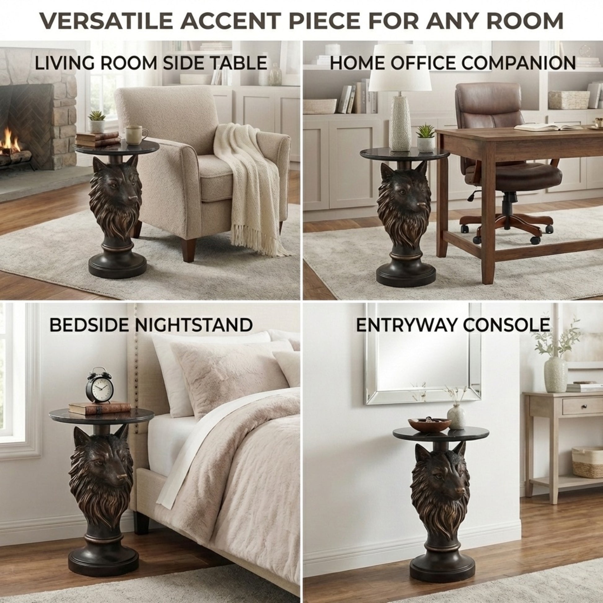 Wolf Head Accent Table, Animal Statue End Table for Living Room Home Decor