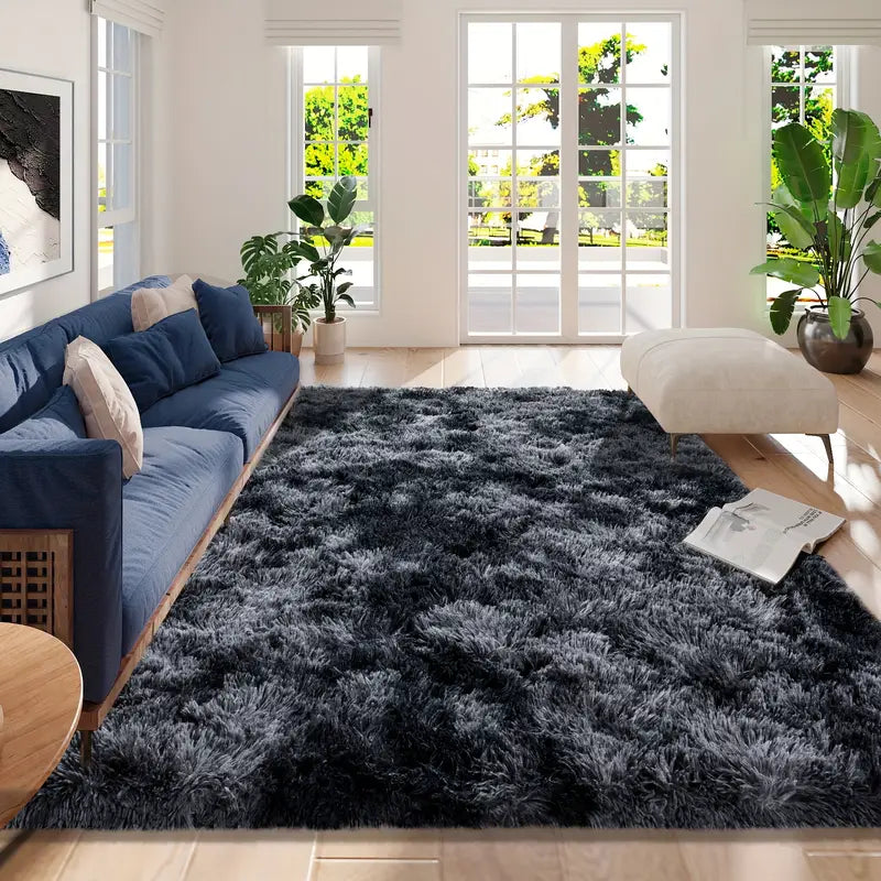 Tie-Dye Black Shag Rug, Ultra Soft 1.7" Plush Mat with Non-Slip Backing, Bedroom or Living Room