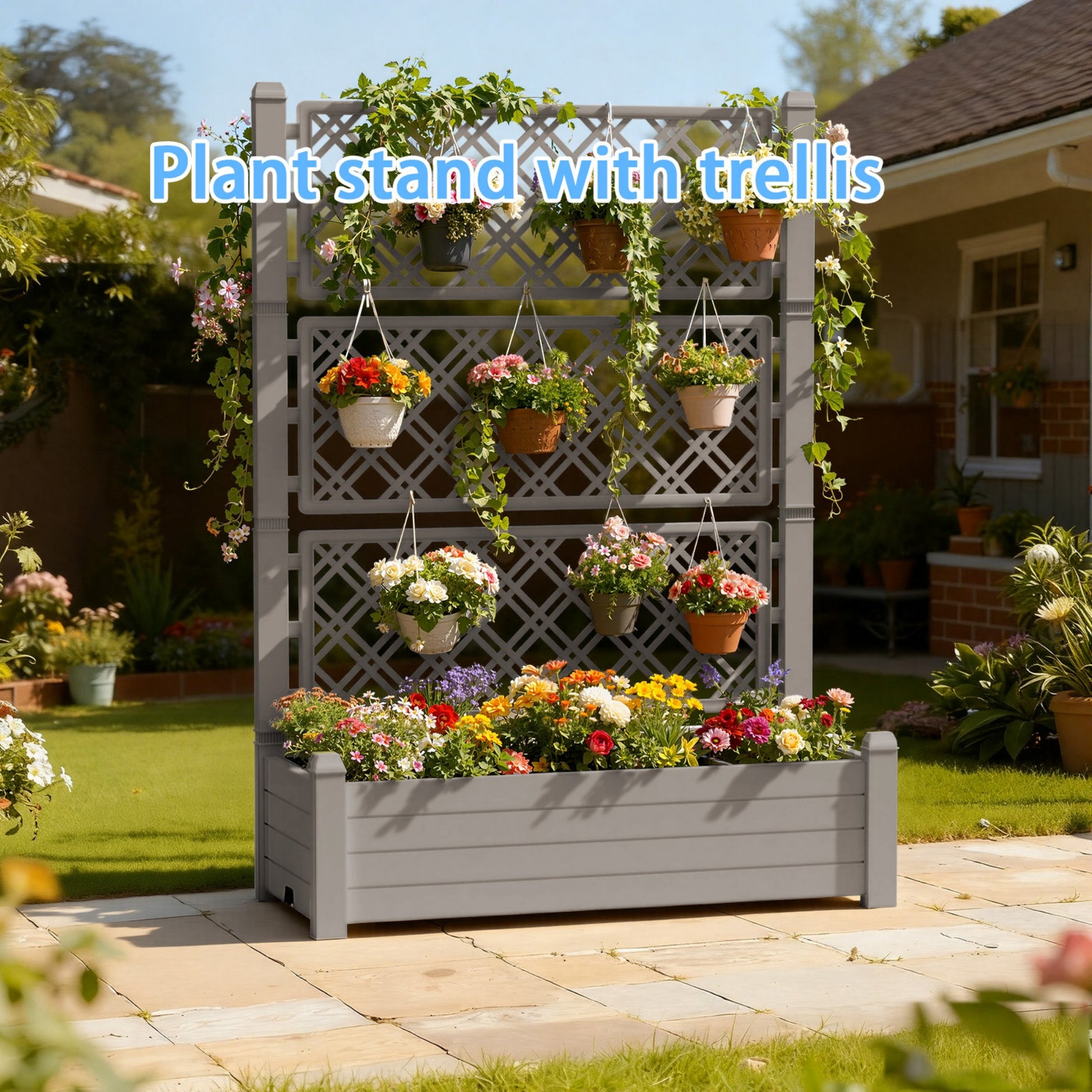 Planter Box with Trellis & Wheels, Large Raised Garden Bed, Outdoor Plastic Planter for Climbing Plants