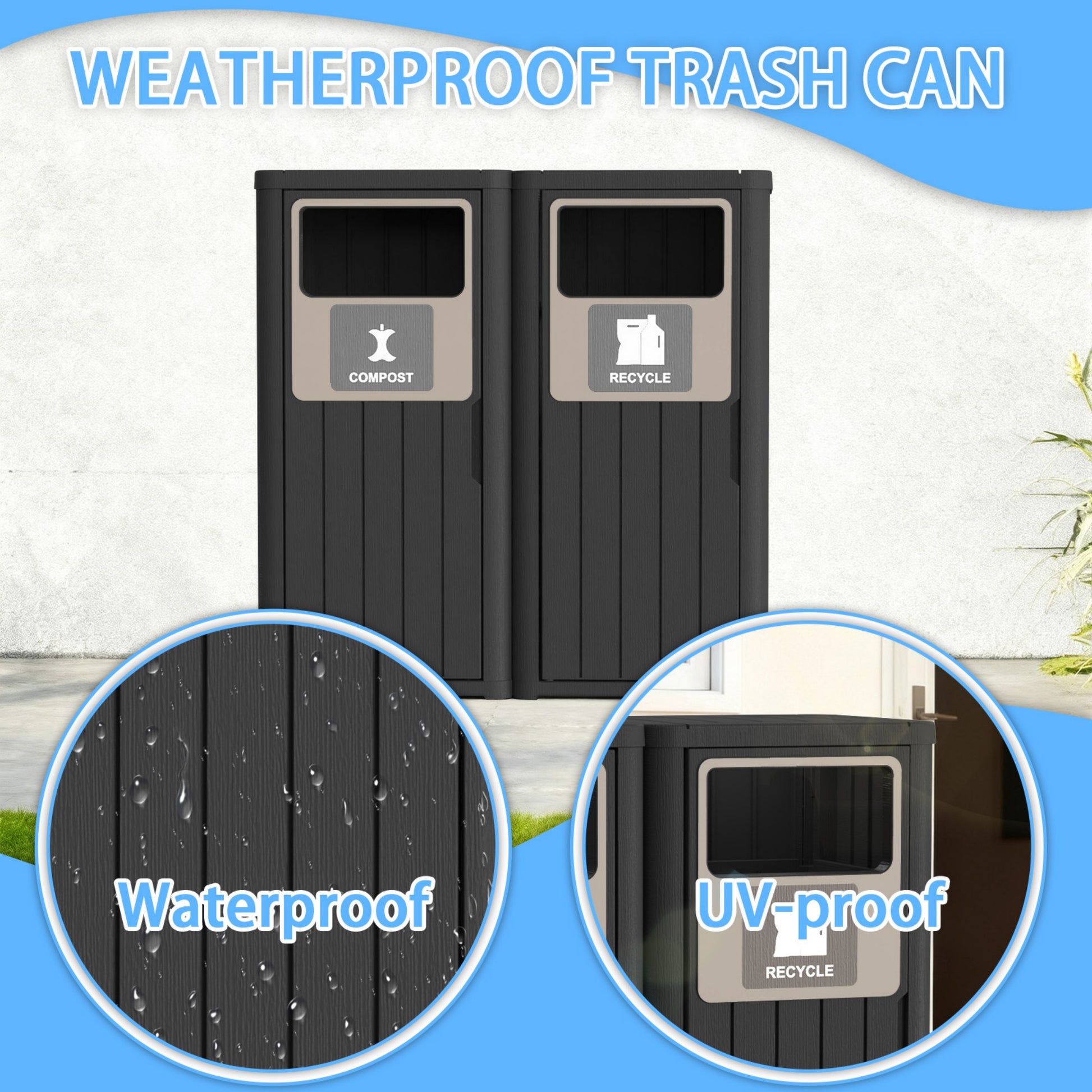 42 Gallon Outdoor Trash Bin, Resin Manual Lift Garbage & Recycling Storage Deck Box with Lid Double-Bucket