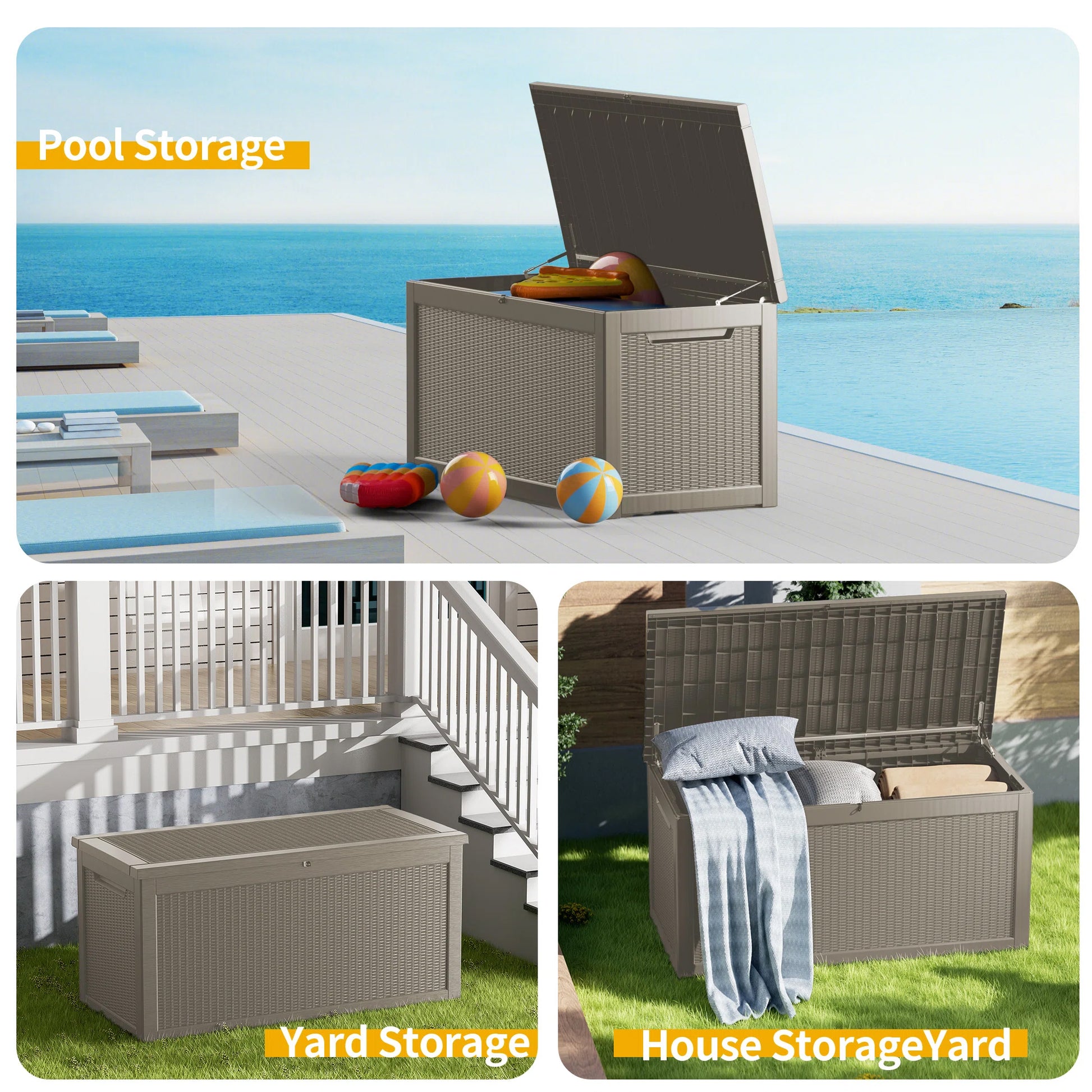 260 Gallon Resin Deck Box, Water-Resistant Lockable Outdoor Storage Box for Patio Organization