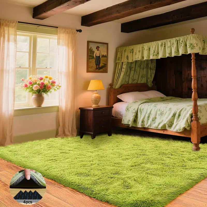 Grass Green Fluffy Shag Area Rug with Non-Slip Base & 4 Reusable Stickers, Soft Plush Mat