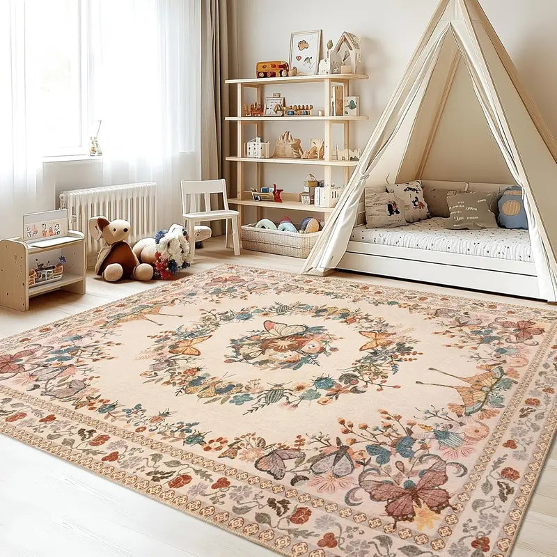 Large Beige Butterfly Floral Area Rug, Ultra-Thin Non-Slip Washable Mat for Living Room & Bedroom