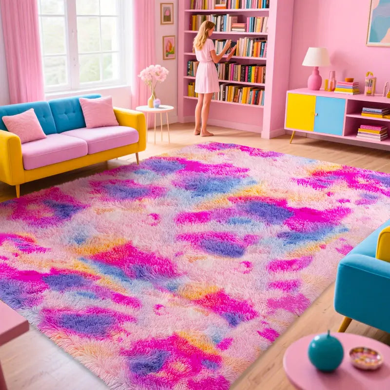 Rainbow Tie-Dyed Shag Rug, Ultra Soft 1.7" Thick, Non-Slip Backing, 100% Polyester, Multi Sizes & Shapes