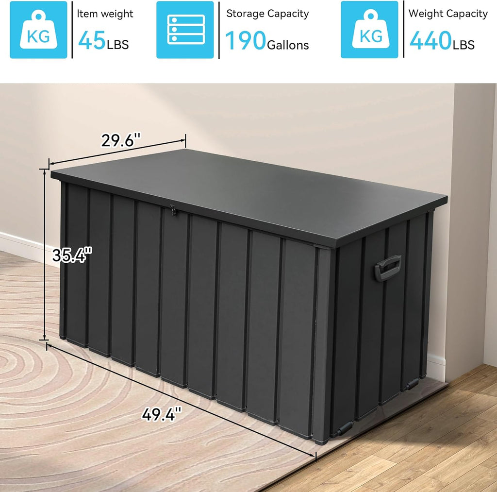 190 Gallon Patio Steel Storage Deck Box, Waterproof Lockable Bin for Cushions, Pillows & Tools