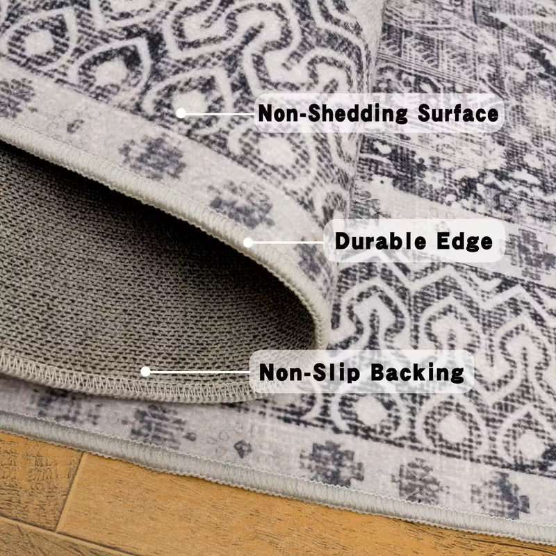 Grey Vintage Area Rug, Washable Non-Slip Boho Carpet for Living Room, Bedroom, Kitchen, Office