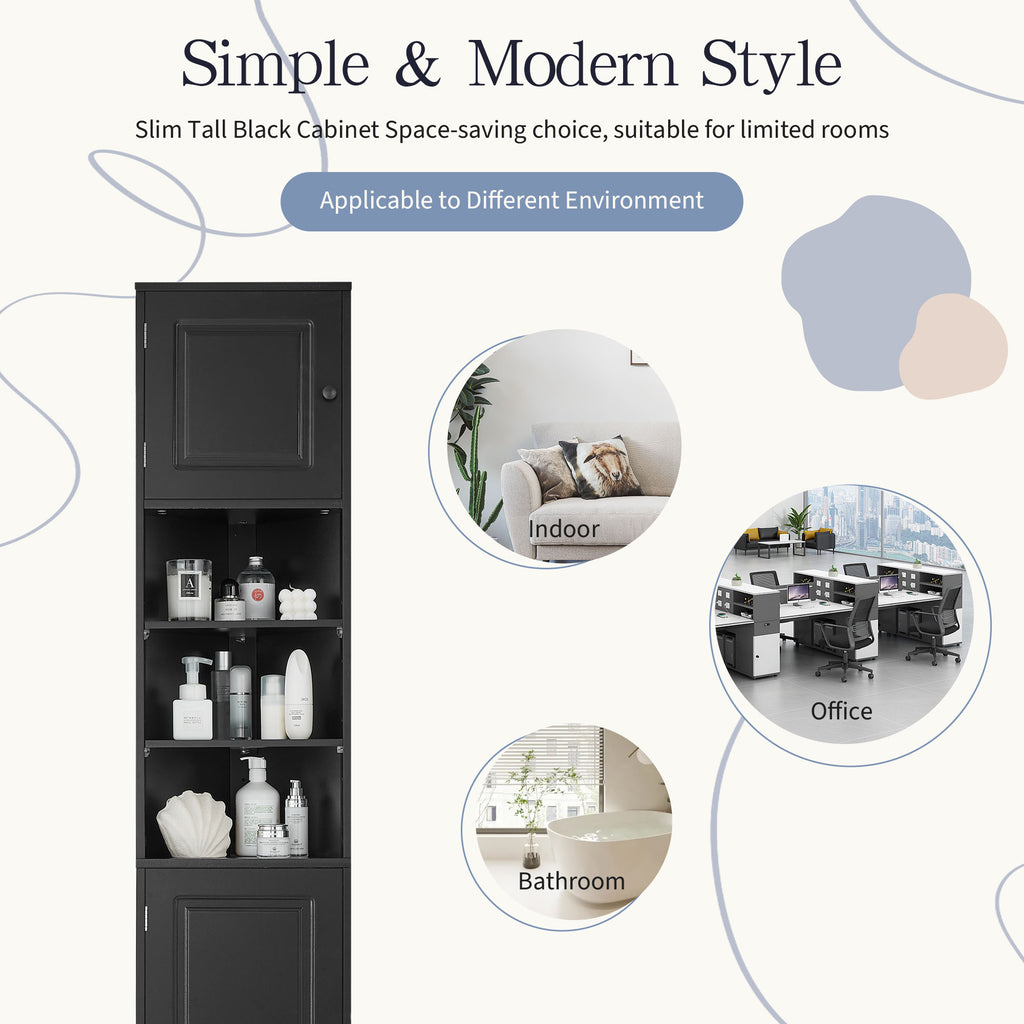 Multi-Functional Corner Cabinet Tall Bathroom Storage Cabinet with Two Doors and Adjustable Shelves, Open Shelf, Black
