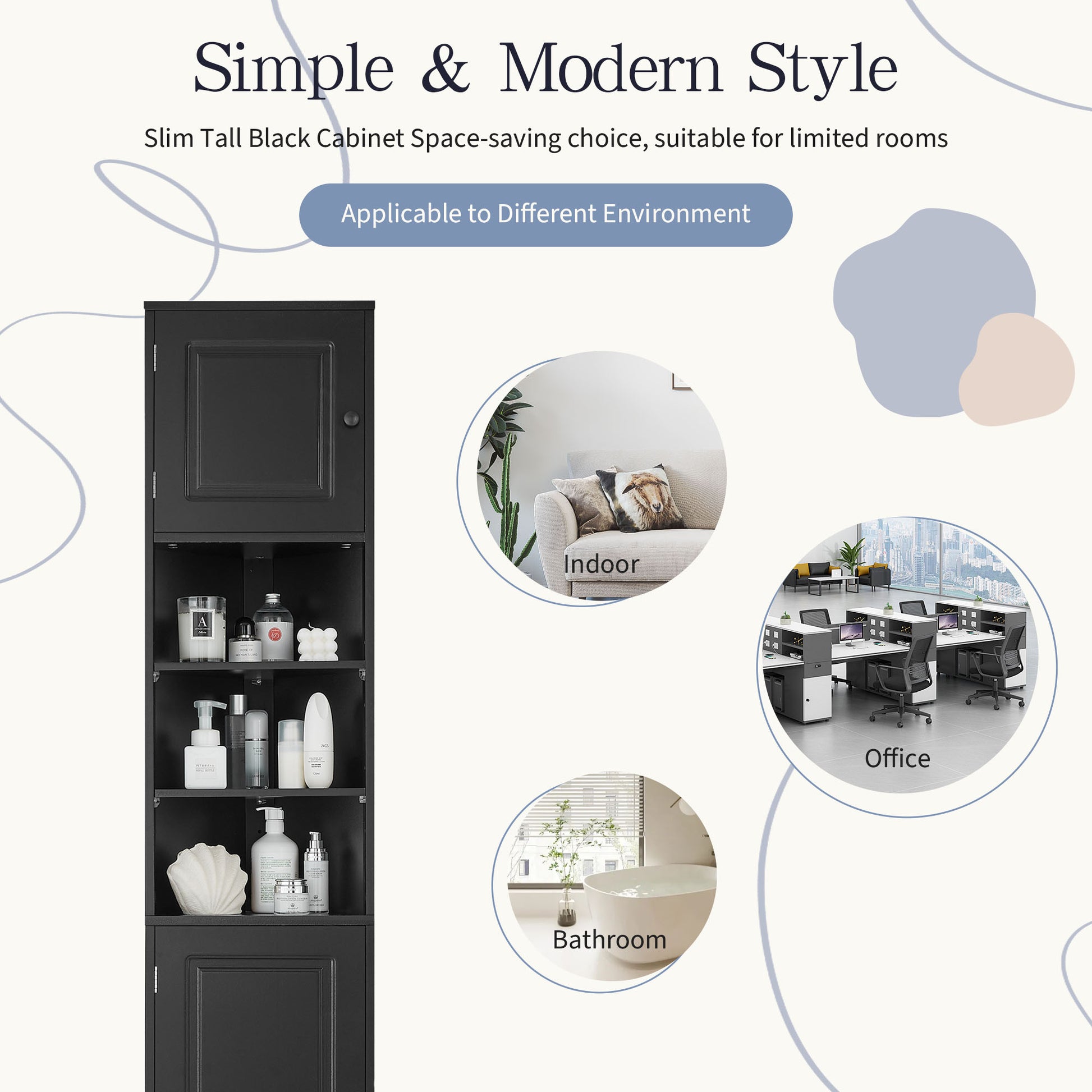 Multi-Functional Corner Cabinet Tall Bathroom Storage Cabinet with Two Doors and Adjustable Shelves, Open Shelf, Black