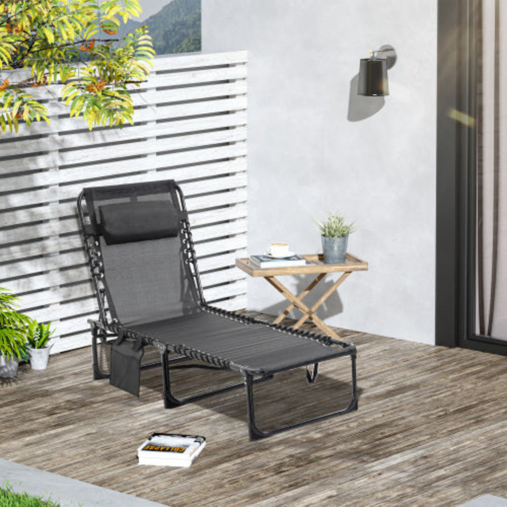 Reclining Chaise Lounge Chair, Portable Folding Sun Lounger Camping Cot with Adjustable Backrest & Removable Pillow for Patio, Garden, Beach, Black