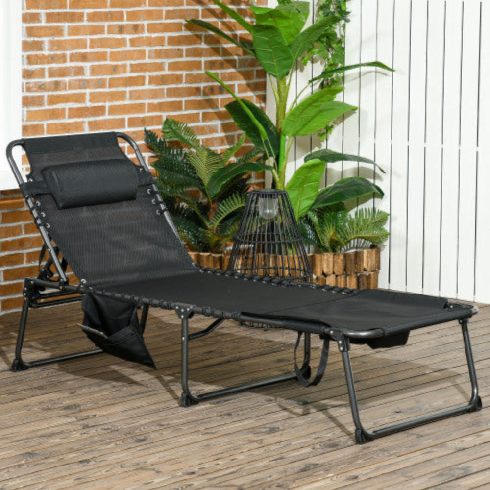 Outdoor Folding Chaise Lounge with Reclining Back and Reading Face Hole, Outdoor Lounge Chair with Side Pocket & Headrest for Yard, Patio Black