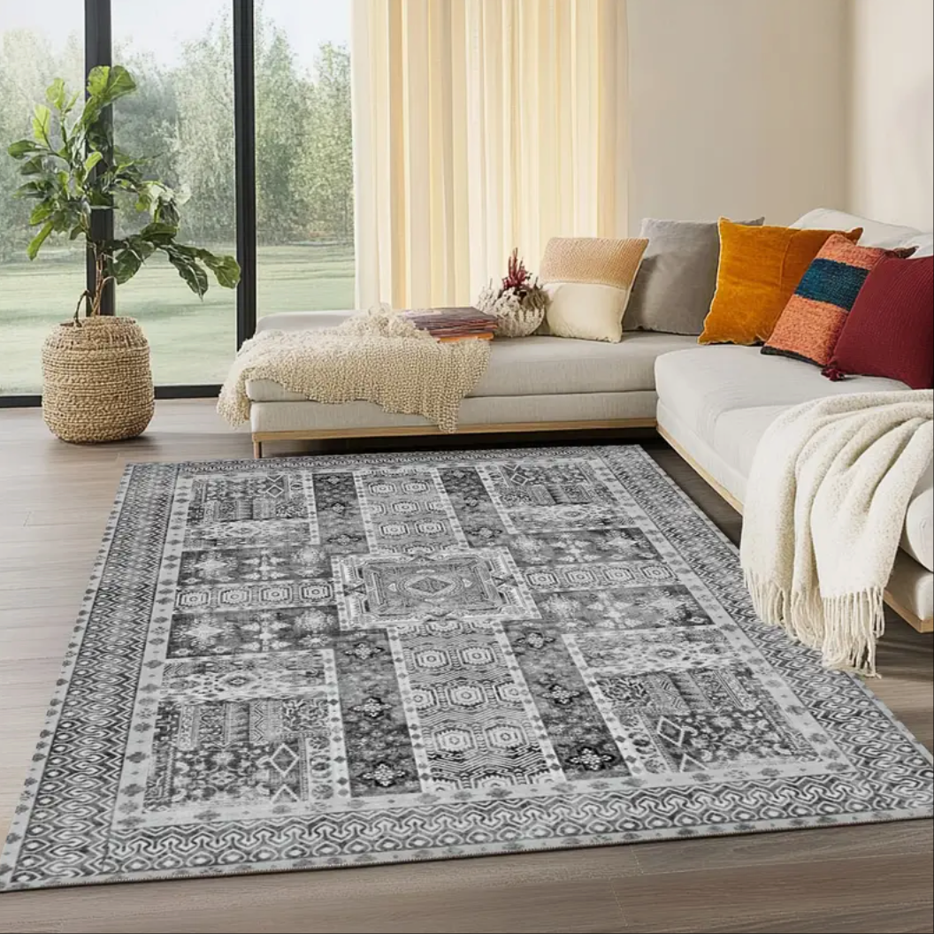 Grey Vintage Area Rug, Washable Non-Slip Boho Carpet for Living Room, Bedroom, Kitchen, Office
