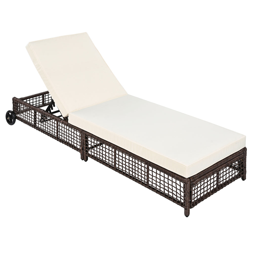 Outdoor Lounge Chair Set of 2, Patio Chaise Lounge with 5-Position Backrest, Rattan Outdoor Lounge Chair with Cushion and Wheels for Poolside, Backyard, Garden