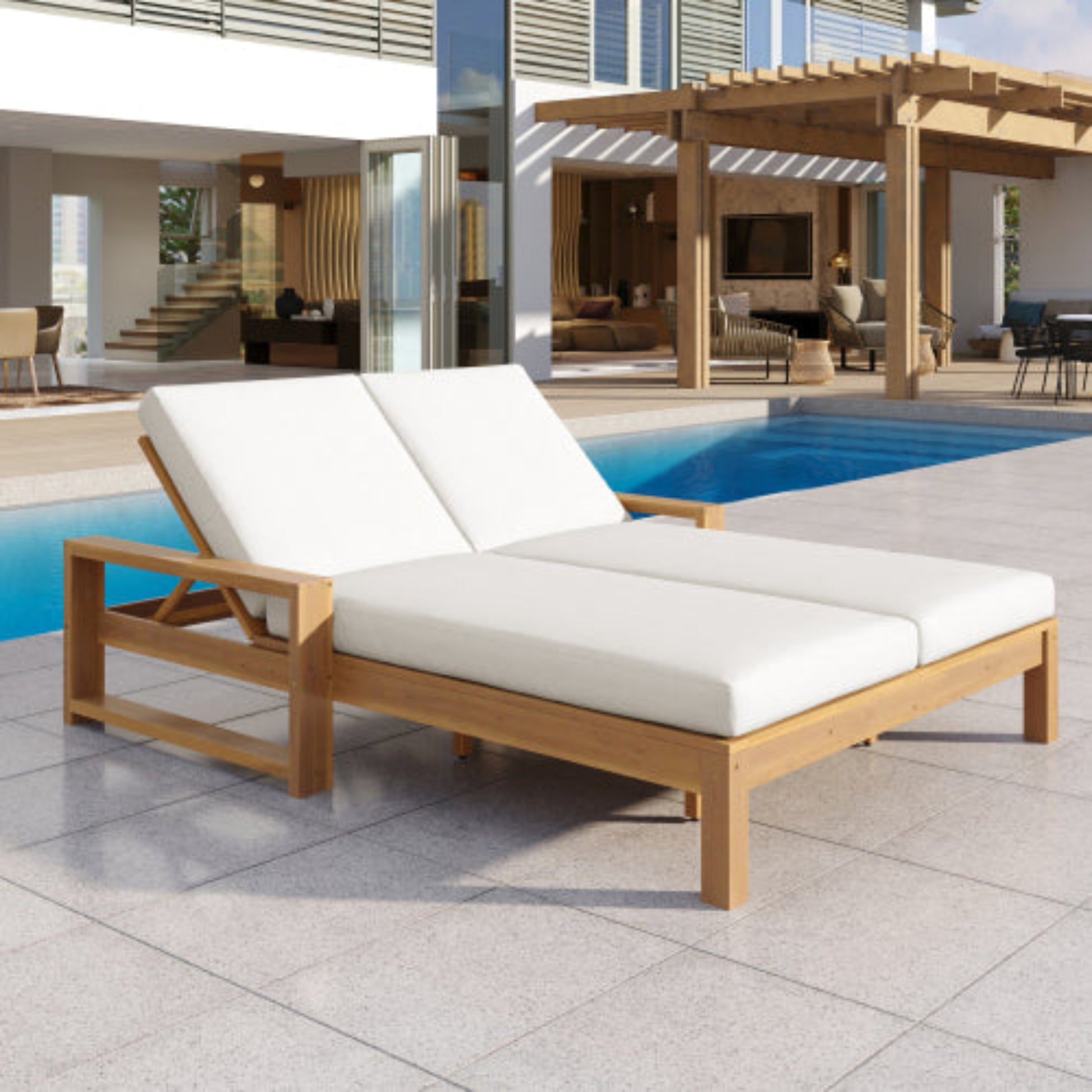 Outdoor Double Lounge Chair with Adjustable Backrest and Cushions for Patio Poolside and Garden