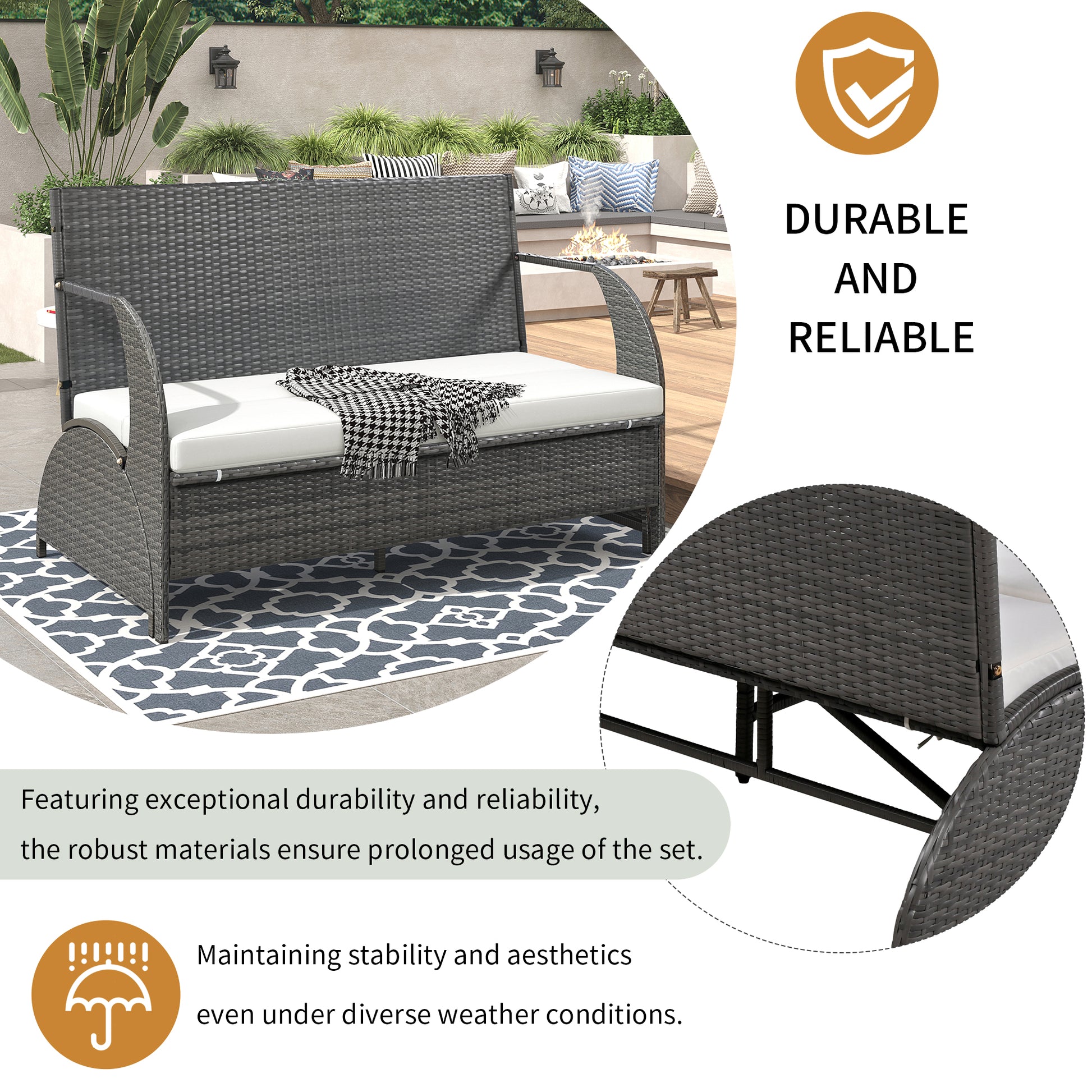 2-in-1 Convertible Picnic Upholstered Bench Table,57.1" Outdoor Loveseat,Portable Picnic Table Couch,Convertible To 4 Seats&1 Table,For Garden,Lawn,Backyard,Porch,Patio