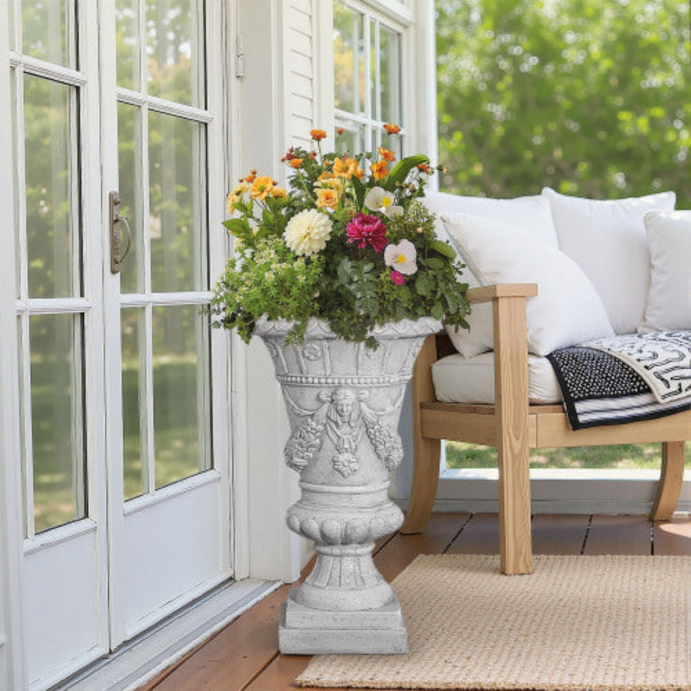 Light Grey Garden Urn Planter 14.5"Wx14.5"Dx23.75"H, Drainage Hole with Stopper, Hand-Painted Unique Design, Indoor Outdoor Use, No Assembly